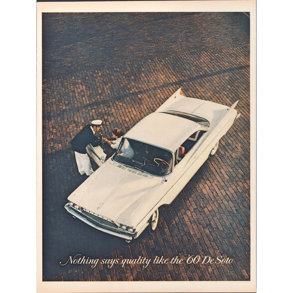 1960 Chrysler De Soto White Hardtop 2 Door Vintage Print Ad Captain's Hat Art